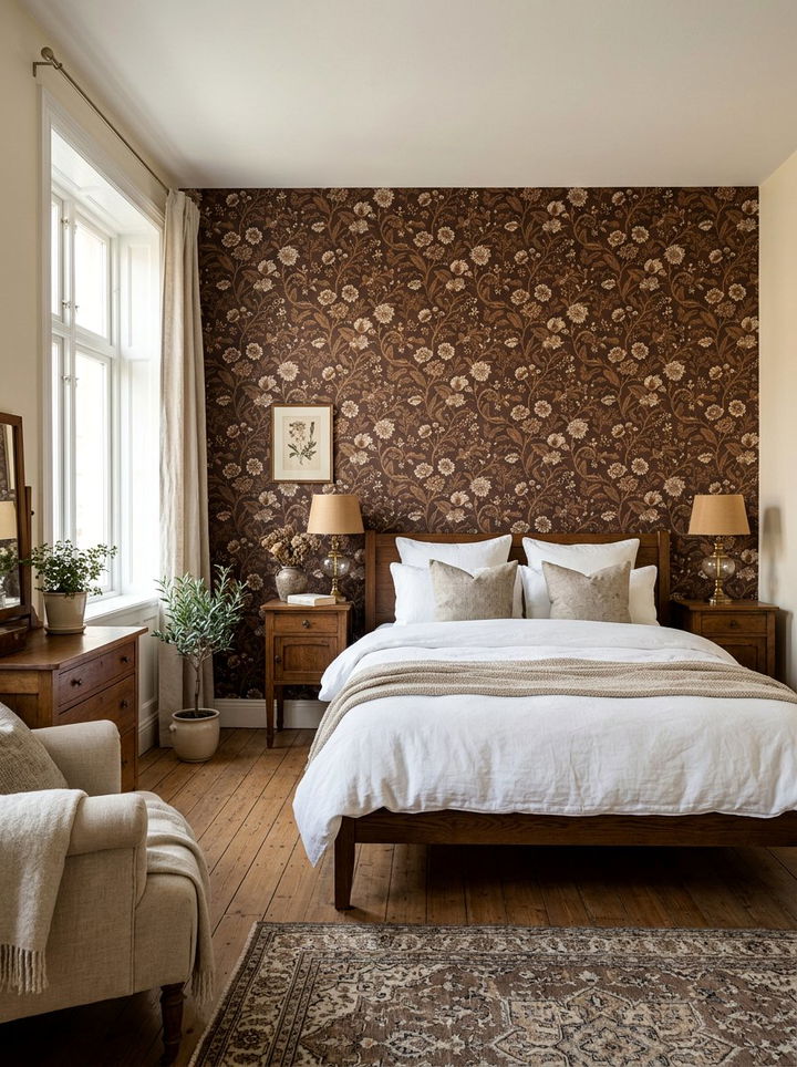 Brown floral wallpaper - 30 brown bedroom ideas