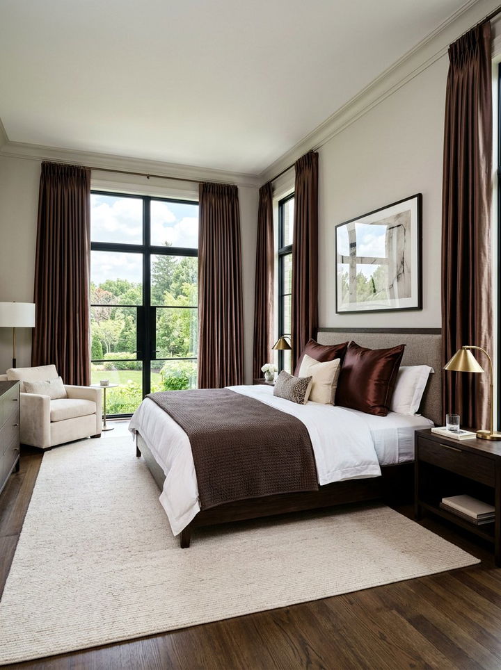 Brown satin curtains - 30 chocolate bedroom ideas