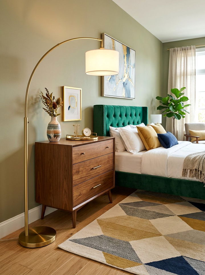 Brushed Gold Floor Lamp - 30 mid-century glam bedroom ideas