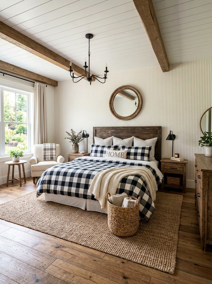 Buffalo Check Bedding Striped Walls - 30 bedroom pattern mixing ideas