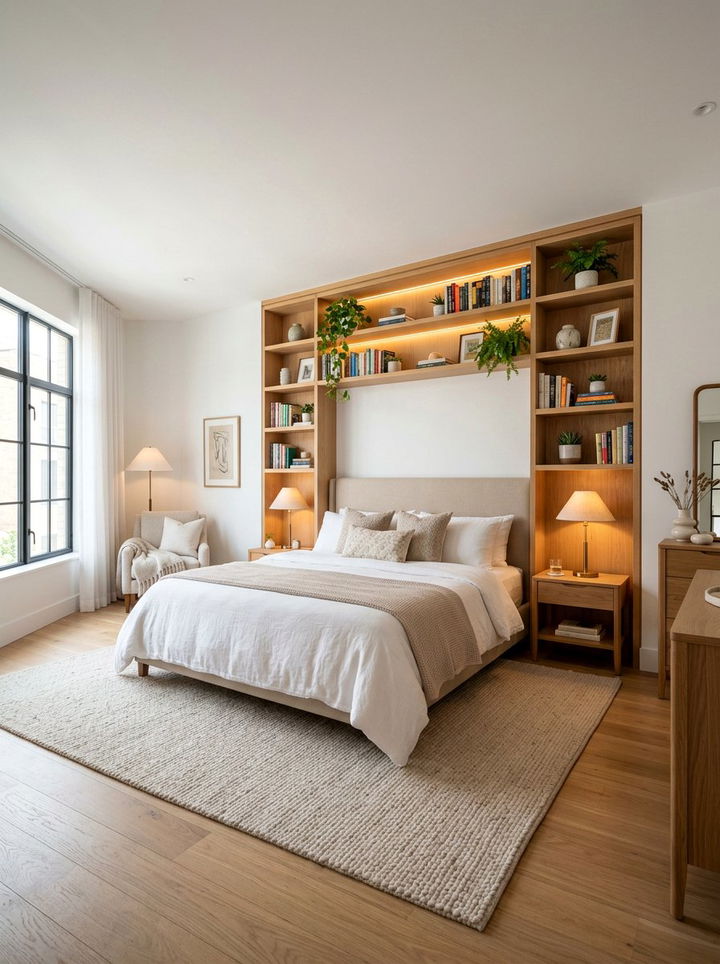 Built In Shelving Above Bed - 30 bedroom niche ideas