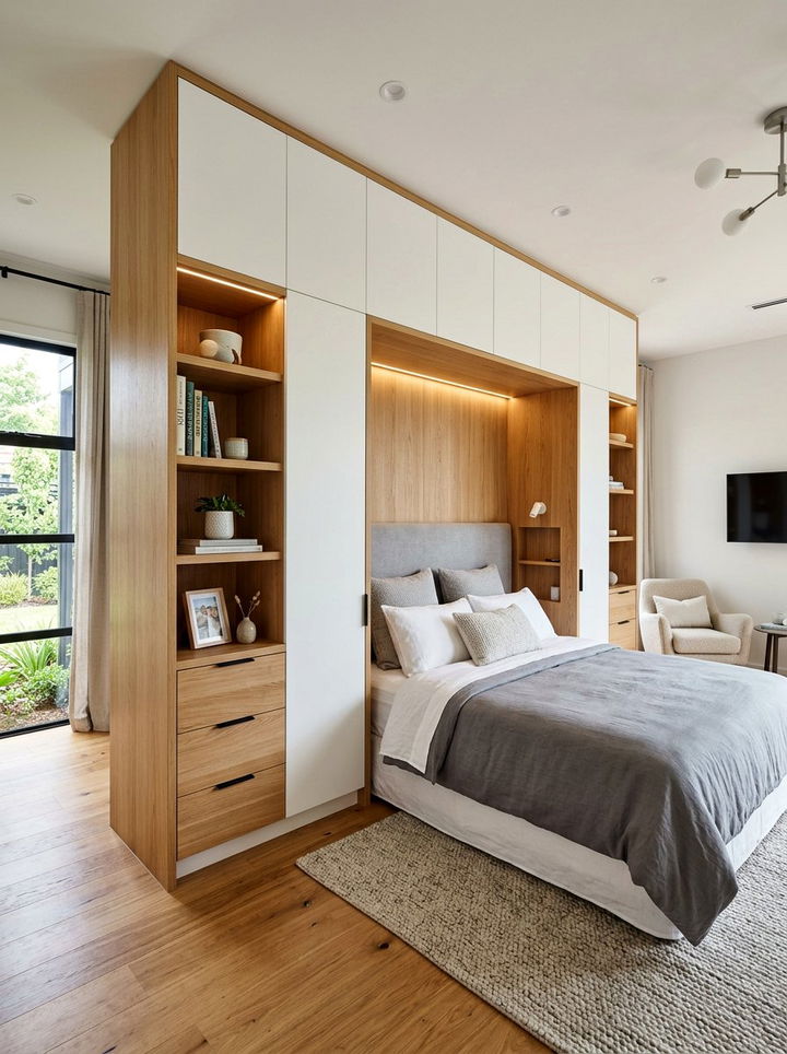 Built in cabinetry divider - 30 bedroom divider ideas