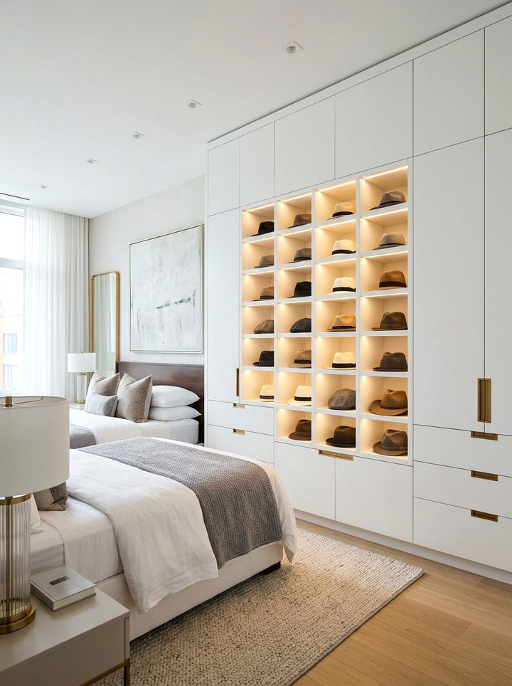 Built in hat shelving - 30 bedroom hat storage ideas