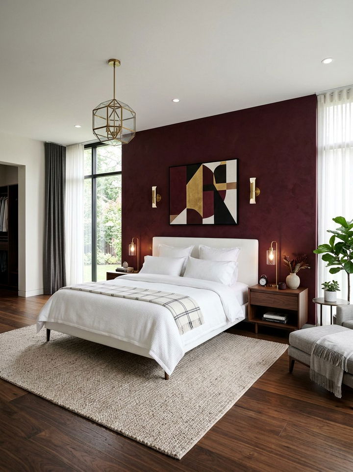 Burgundy Accent Wall - 30 burgundy and white bedroom ideas