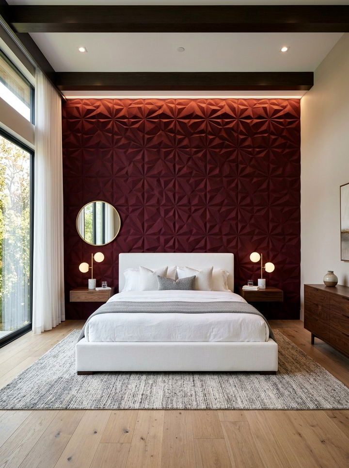 Burgundy Textured Wall White Bed - 30 burgundy and white bedroom ideas
