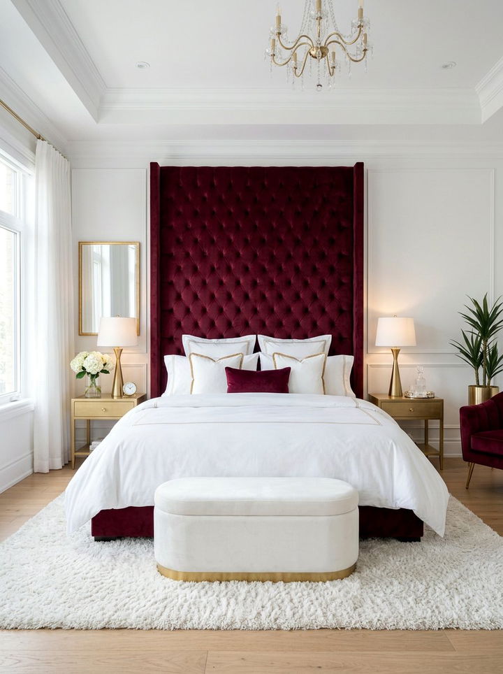 Burgundy Velvet Headboard - 30 burgundy and white bedroom ideas