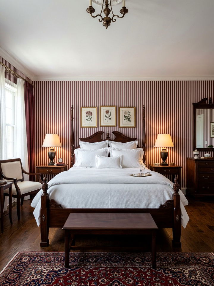 Burgundy White Striped Wall - 30 burgundy and white bedroom ideas