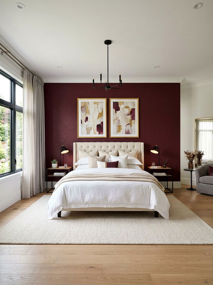 Burgundy accent wall - 30 burgundy and cream bedroom ideas