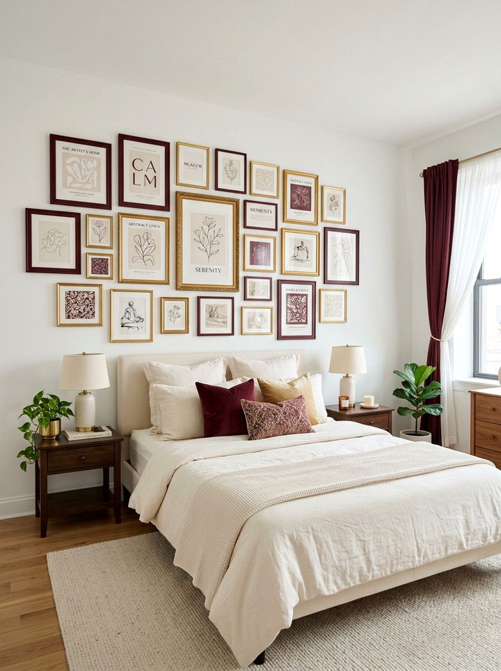 Burgundy and cream gallery wall - 30 burgundy and cream bedroom ideas