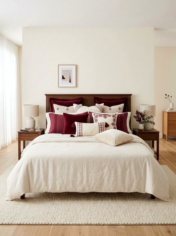 Burgundy and cream pillows - 30 burgundy and cream bedroom ideas