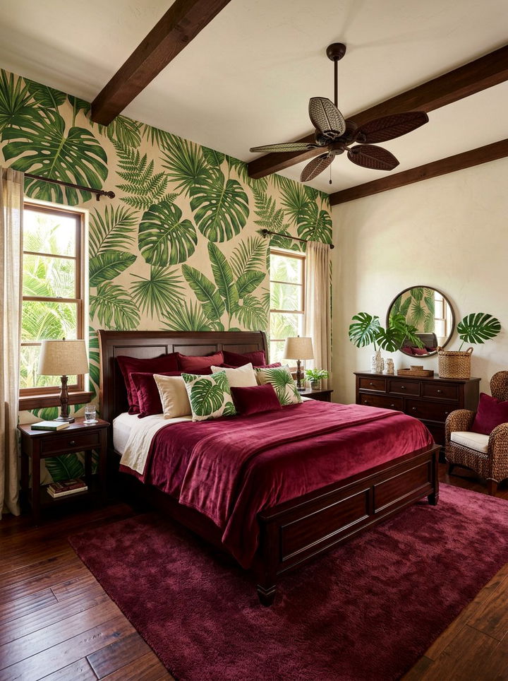 Burgundy and leaf tropical bedroom - 30 tropical bedroom color ideas