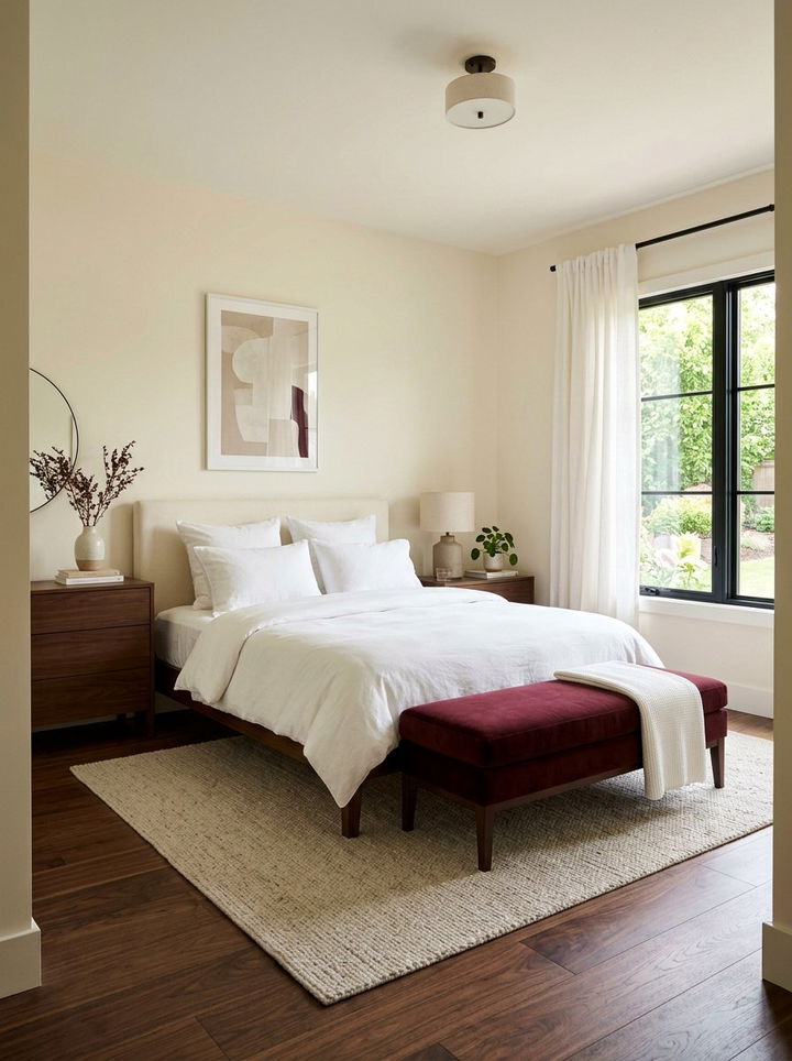 Burgundy bench cream bed - 30 burgundy and cream bedroom ideas