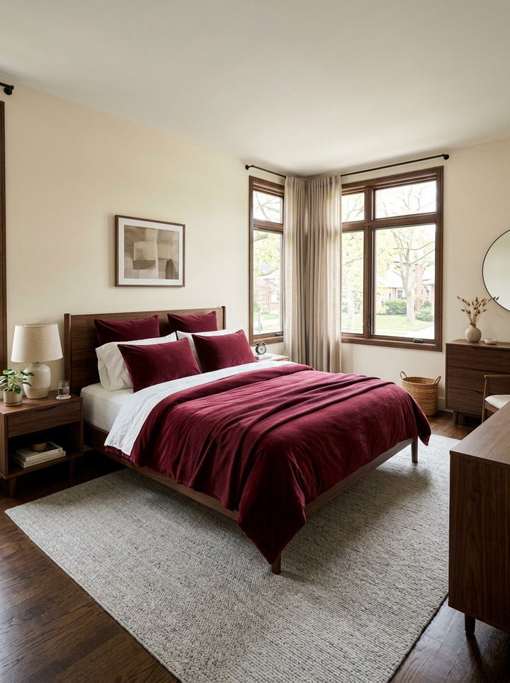 Burgundy velvet bedding - 30 burgundy and cream bedroom ideas