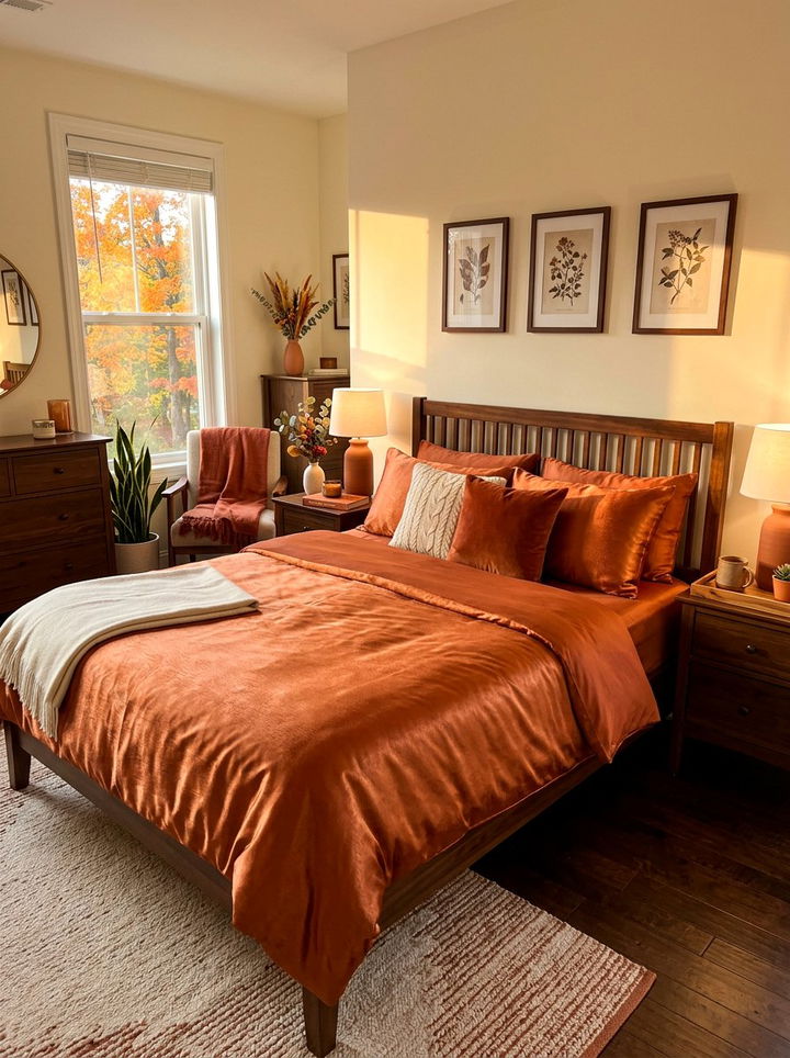 Burnt Orange Satin Set - 30 bedroom satin bedding ideas