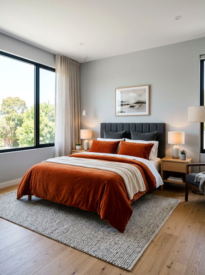 Burnt Orange Velvet Bedding - 30 amber bedroom ideas