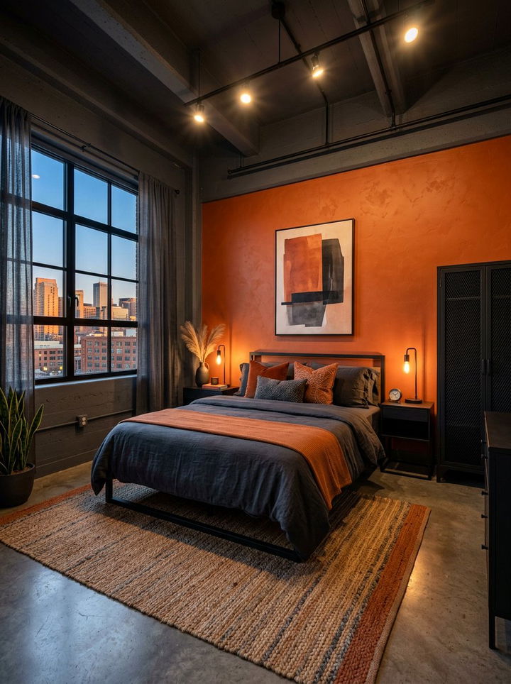 Burnt orange and charcoal bedroom - 30 sunset inspired bedroom color ideas