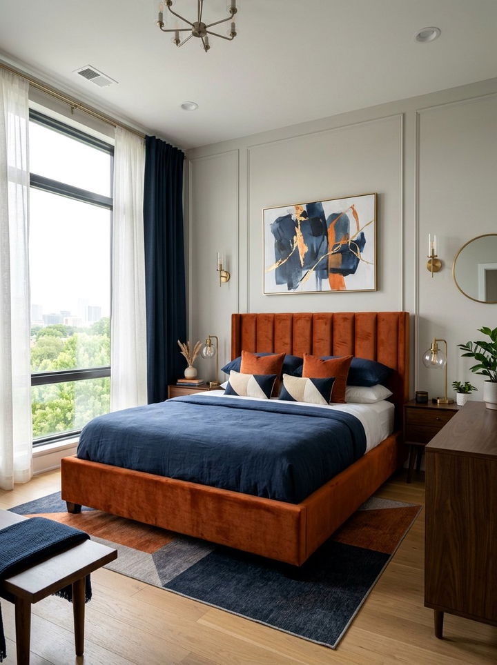 Burnt orange upholstered bed with navy bedding - 30 burnt orange and navy bedroom ideas