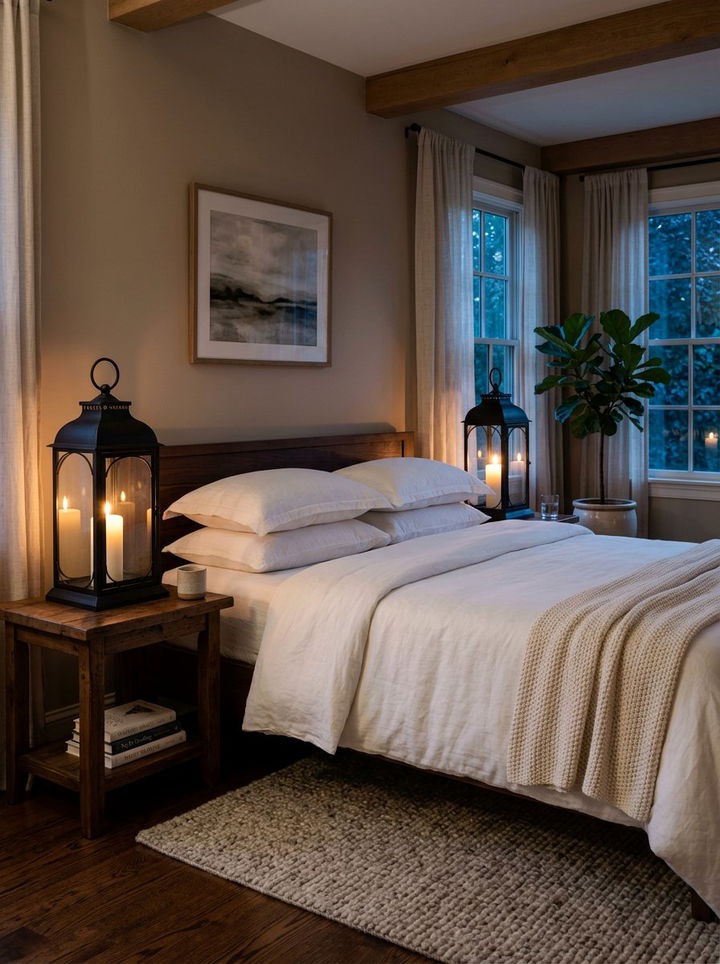 Candle lantern bedside lighting - 30 rustic white bedroom ideas