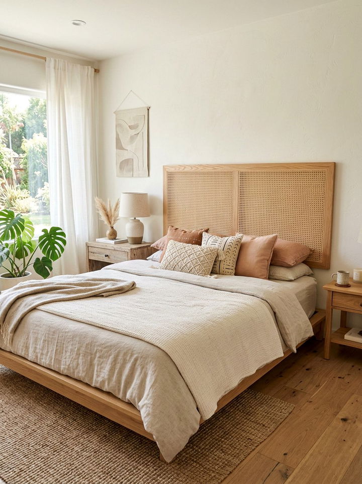 Cane Webbing Floating Headboard - 30 bedroom floating headboard ideas