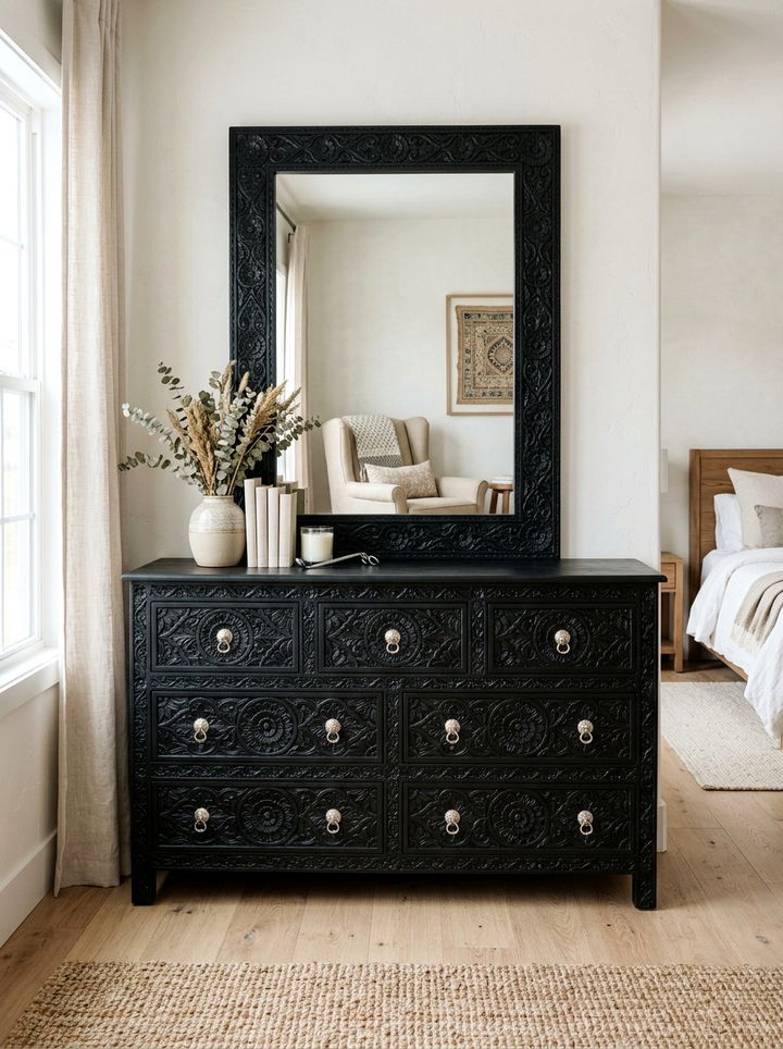 Carved black dresser - 30 black bedroom furniture ideas