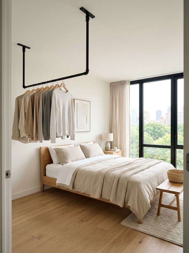Ceiling Mounted Clothes Rail - 30 bedroom hanging storage ideas