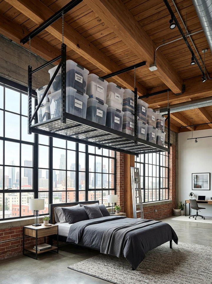 Ceiling Mounted Storage Racks - 30 small bedroom space storage ideas