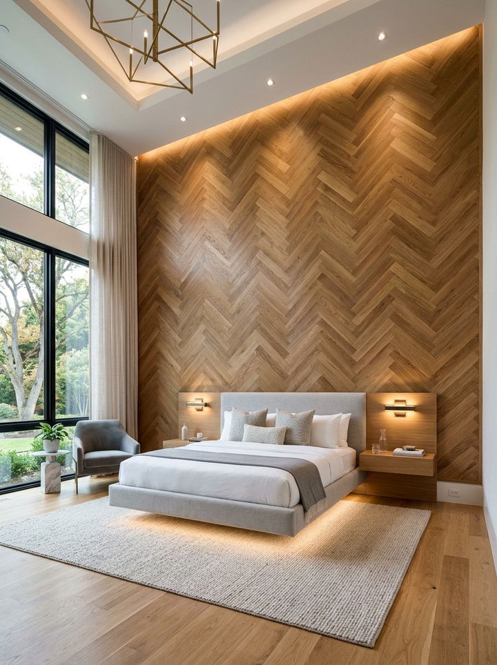 Ceiling To Floor Herringbone Wall - 30 bedroom herringbone wall ideas