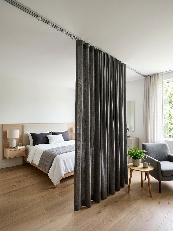 Ceiling track curtain - 30 bedroom divider ideas