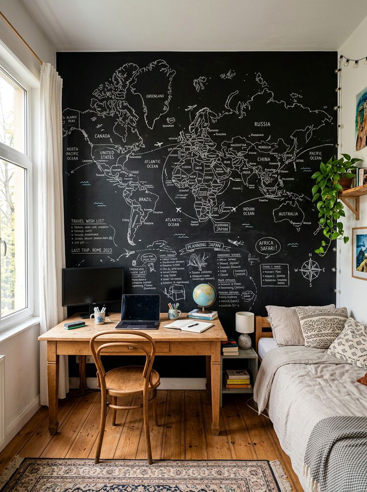 Chalkboard World Map Wall - 30 world map bedroom ideas