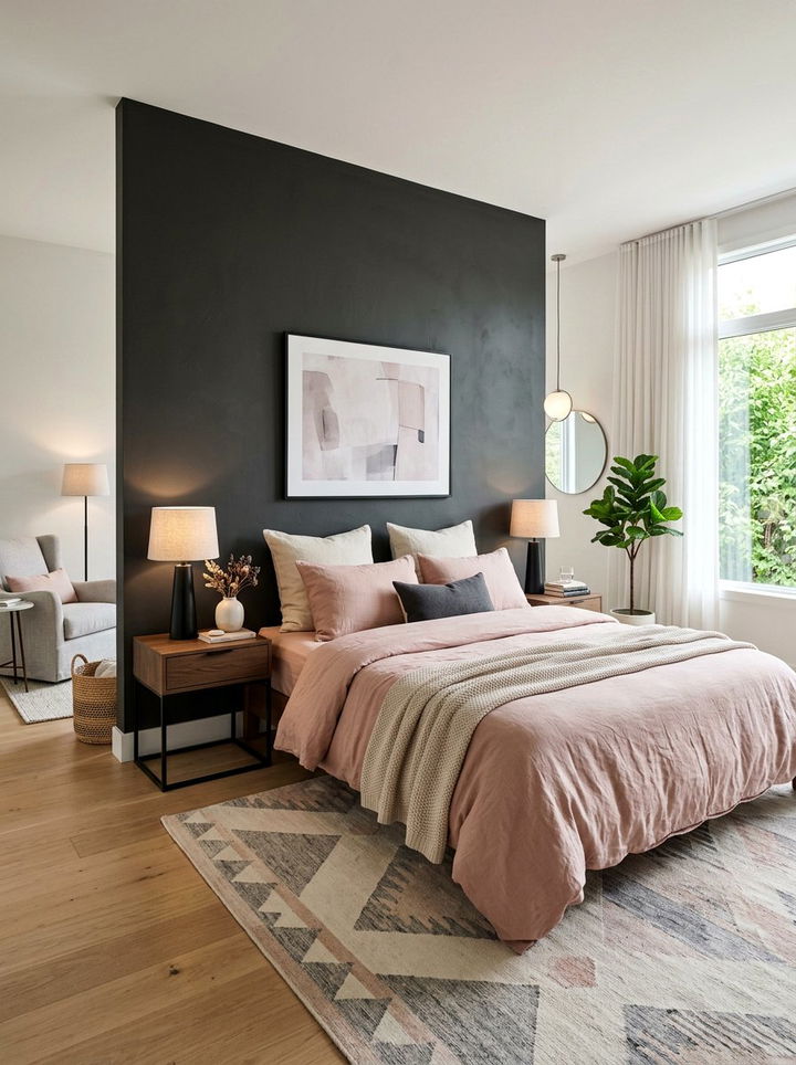 Charcoal Accent Wall Blush Bedding - 30 charcoal and blush bedroom ideas