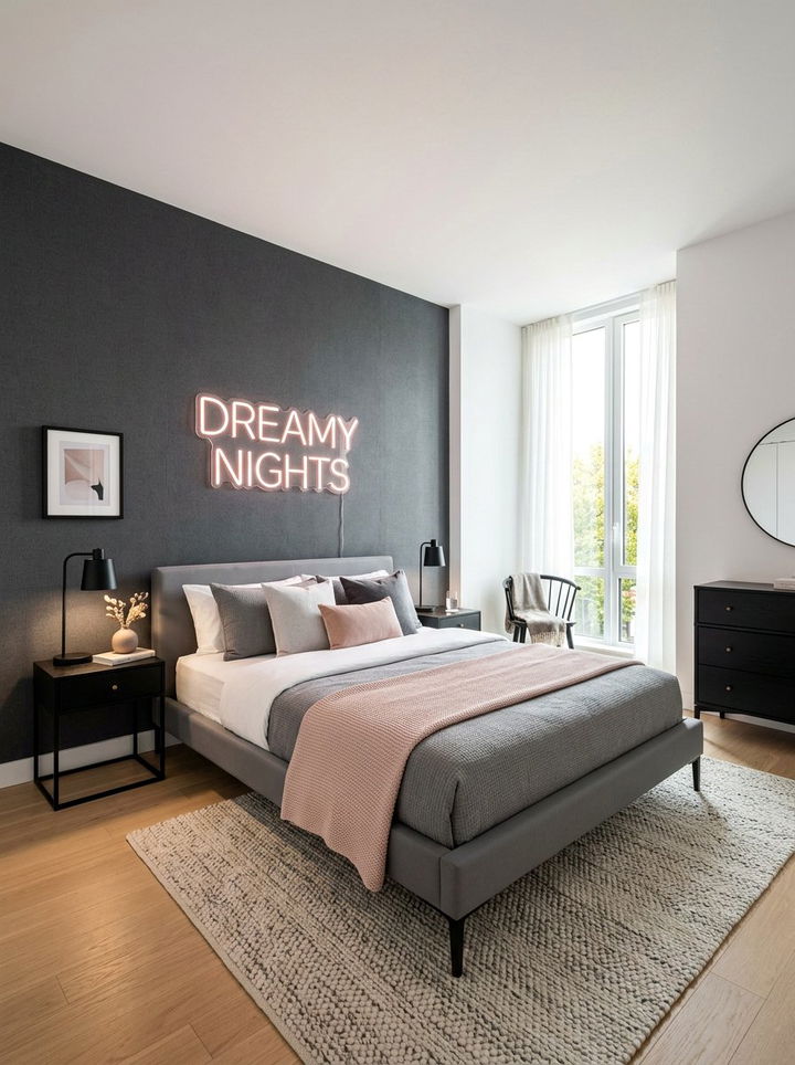 Charcoal Accent Wall Blush Neon Sign - 30 charcoal and blush bedroom ideas
