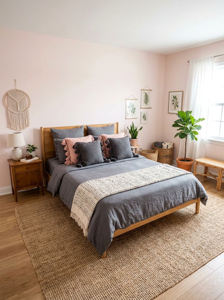 Charcoal And Blush Tassel Pillows - 30 charcoal and blush bedroom ideas