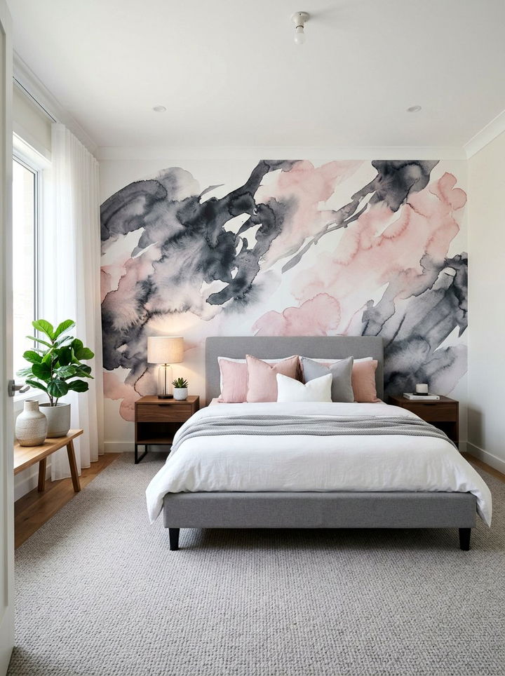 Charcoal And Blush Watercolor Mural - 30 charcoal and blush bedroom ideas