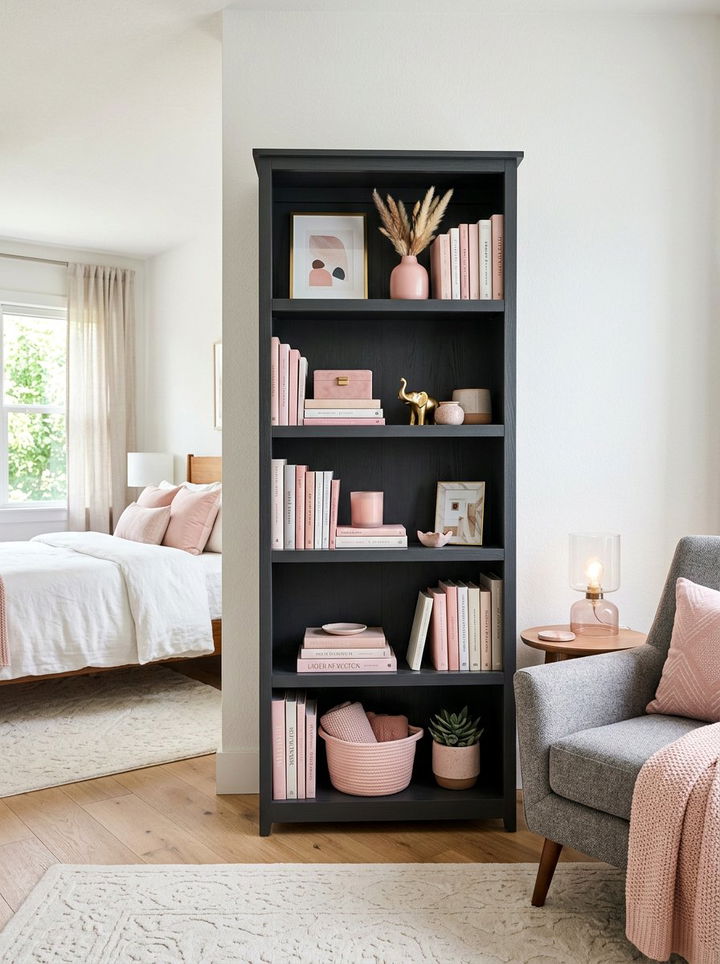 Charcoal Bookshelf With Pink Decor - 30 charcoal and blush bedroom ideas