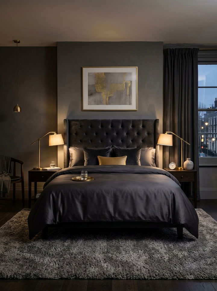Charcoal Grey Velvet Headboard - 30 grey bedroom furniture ideas