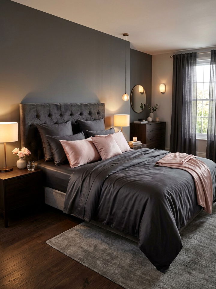Charcoal Silk Sheets Blush Silk Pillows - 30 charcoal and blush bedroom ideas