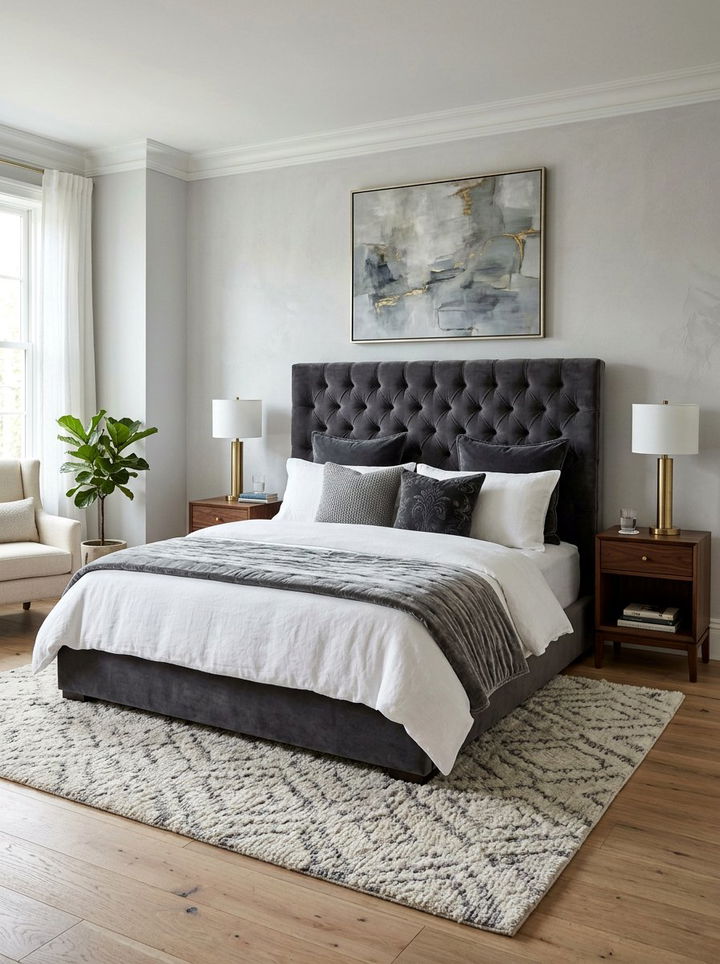 Charcoal Tufted Bed - 30 rustic gray bedroom ideas