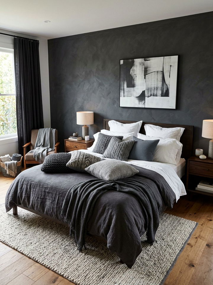 Charcoal Walls Layered Bedding - 30 bedroom charcoal walls