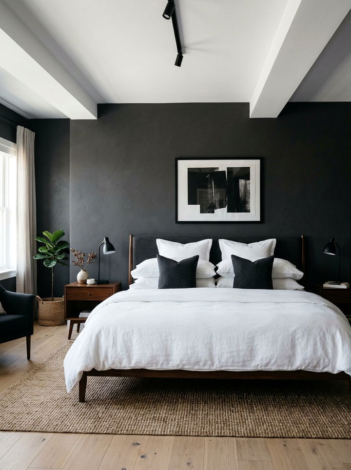 Charcoal Walls White Bedding - 30 bedroom charcoal walls