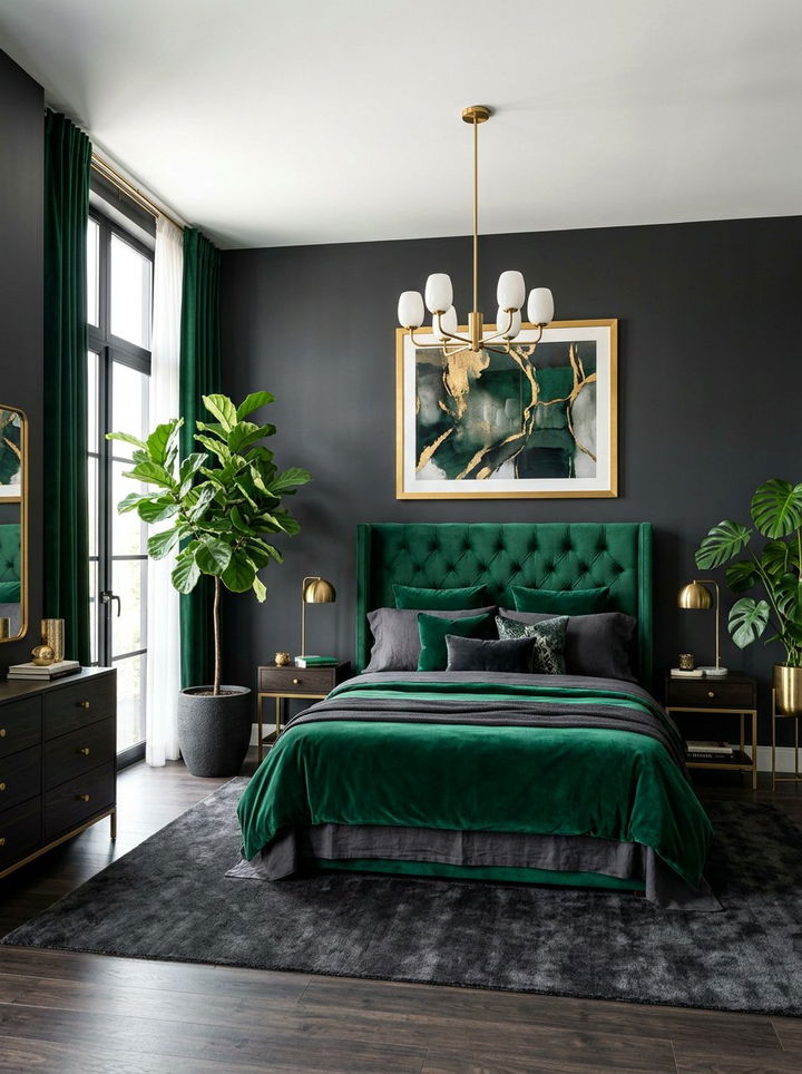 Charcoal and emerald green - 30 charcoal bedroom ideas
