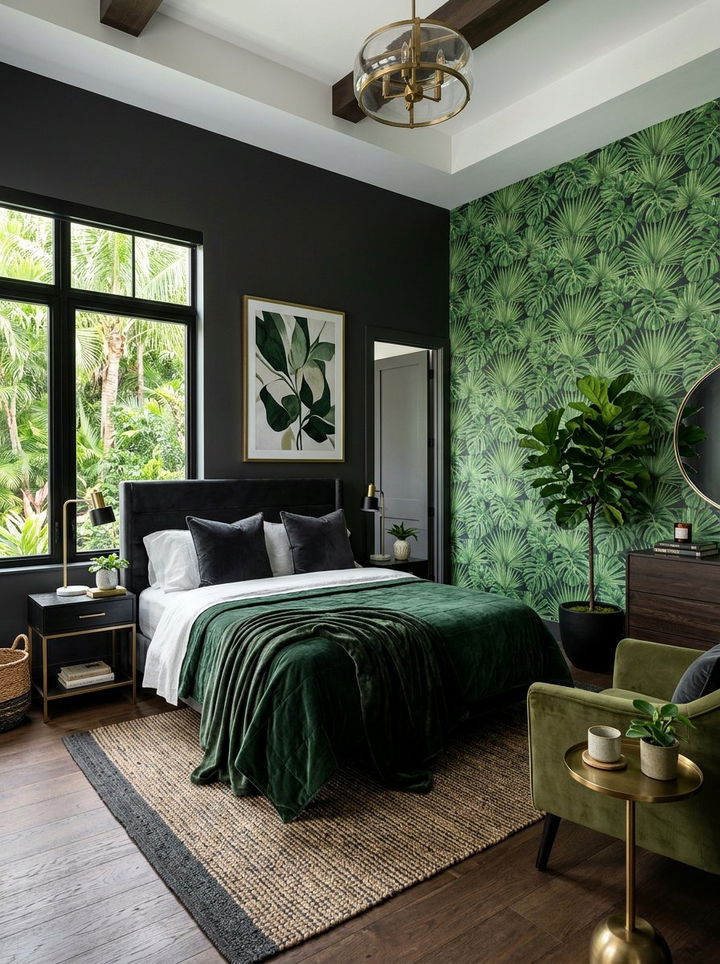 Charcoal and palm tropical bedroom - 30 tropical bedroom color ideas
