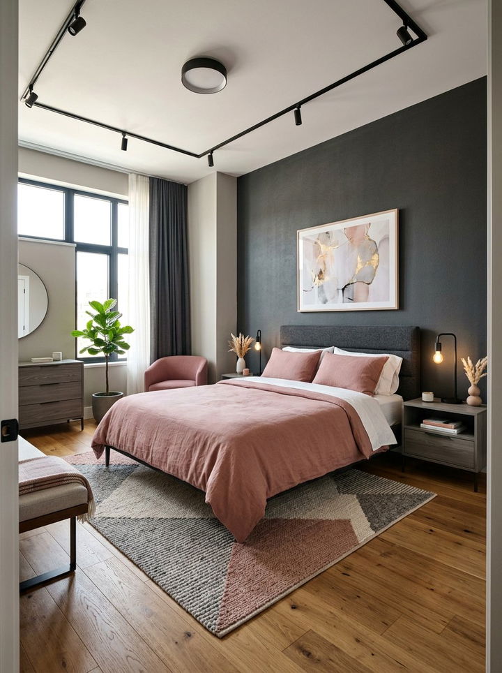 Charcoal gray accent wall - 30 dusty rose and gray bedroom ideas