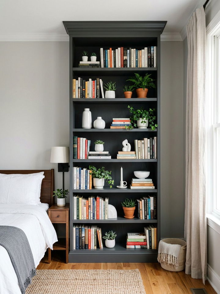 Charcoal gray bookshelf - 30 bedroom gray furniture ideas