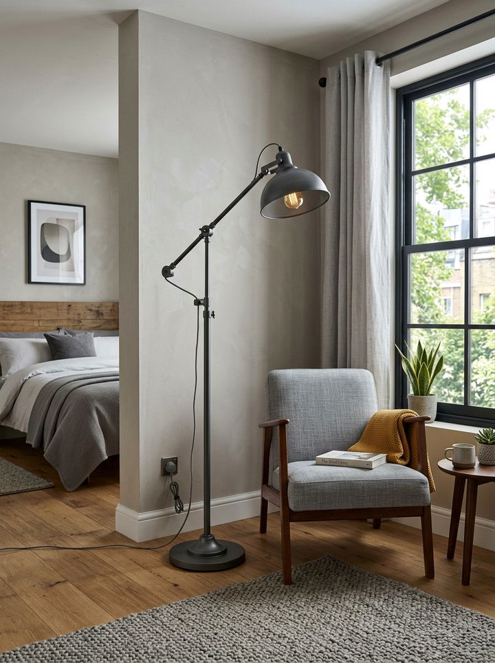 Charcoal grey floor lamp - 30 grey bedroom accessories ideas