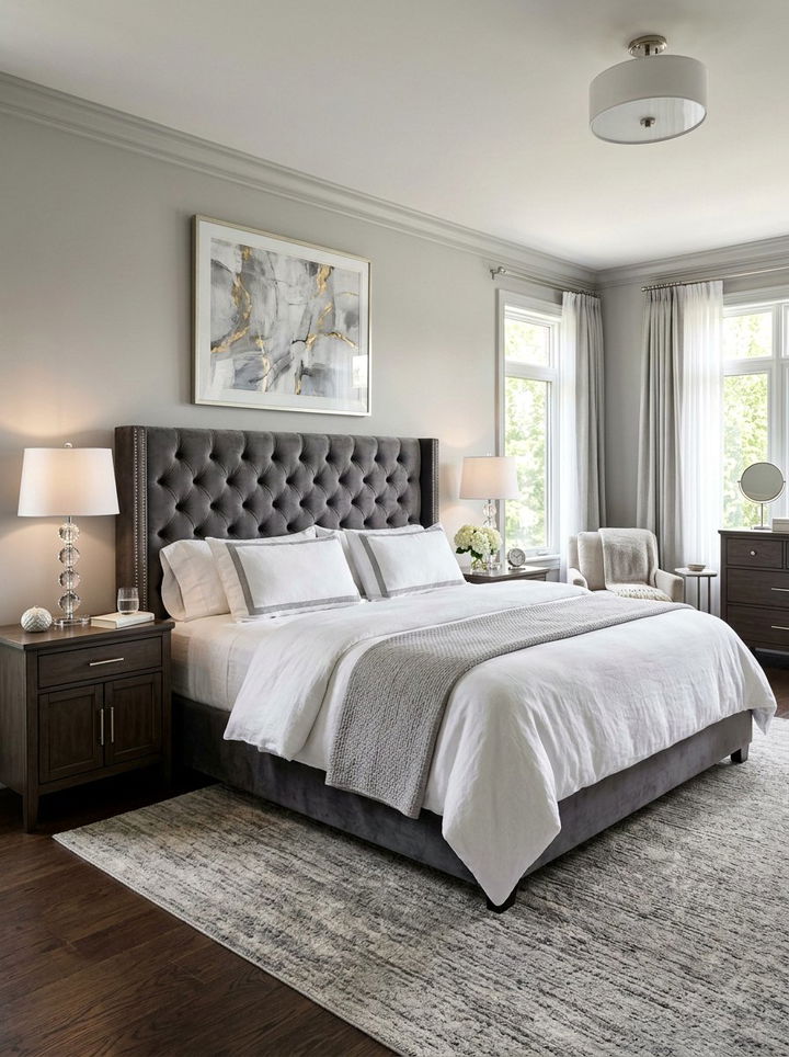 Charcoal grey tufted headboard - 30 moody bedroom ideas