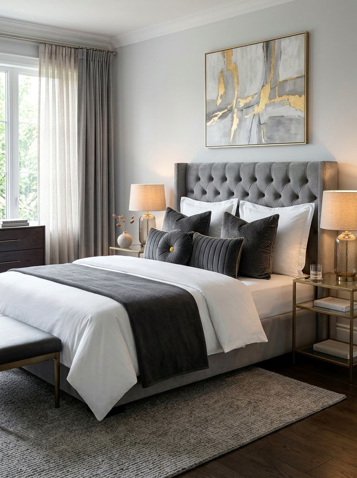 Charcoal grey velvet pillows - 30 grey bedroom accessories ideas