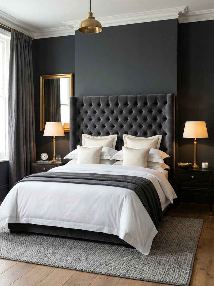 Charcoal velvet headboard - 30 charcoal bedroom ideas