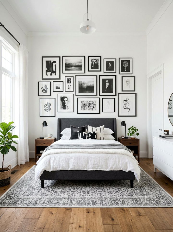 Charcoal white bedroom gallery wall - 30 charcoal and white bedroom ideas