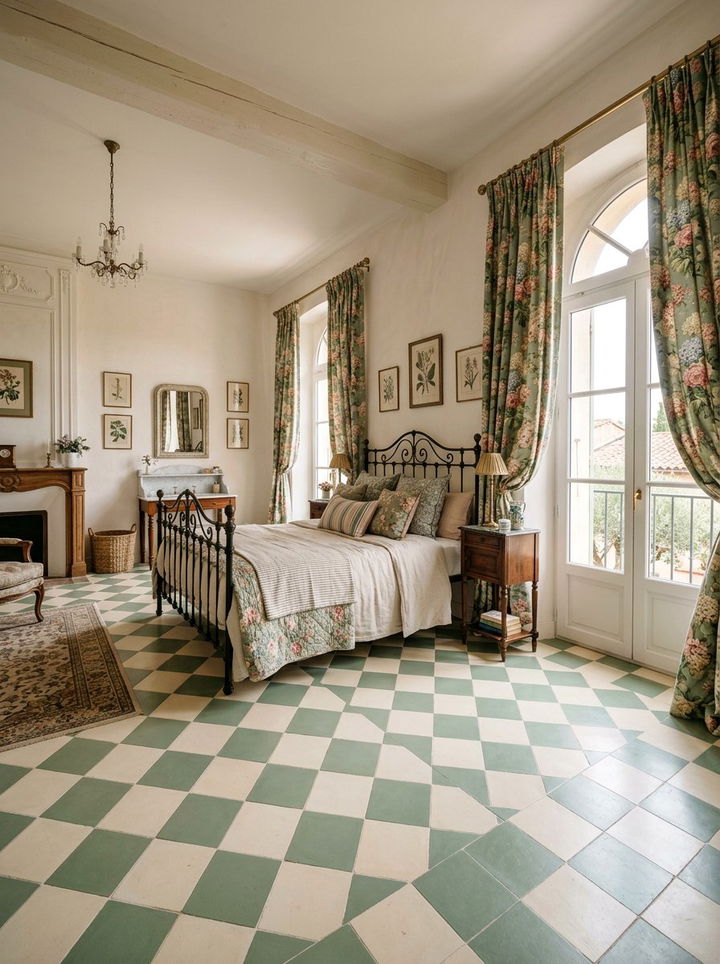 Checkerboard Floor Floral Curtains - 30 bedroom pattern mixing ideas