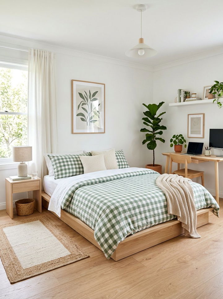 Checkered Pattern Bedding - 30 Korean bedroom ideas
